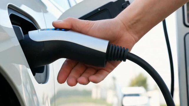 Close-up view of a hand connecting an electric vehicle charger to the car at a charging station with clear blue sky in the background