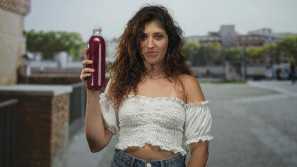 Woman holding a bottle of juice and grimacing on a street beside stone railing and urban buildings;...