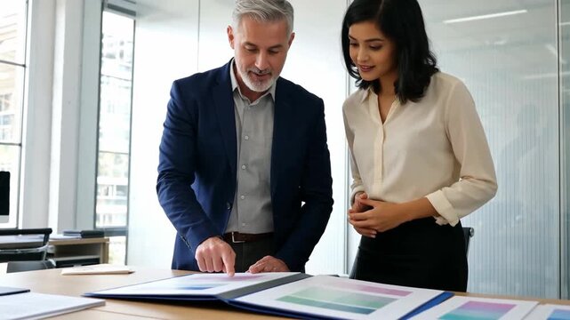 Two colleagues discussing color samples in a modern office setting with large windows and natural light