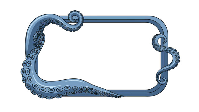 Empty blue rectangular frame with realistic octopus tentacles and suckers wrapping around the edges for a nautical theme.
