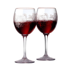Pair of etched red wine glasses, isolated on transparent background