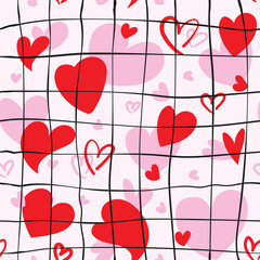 Love Pattern with Pink and Red Nubes. Hand drawn heart design with grid. Happy Valentines Day background perfect for invitations, cards, print, apparel, poster, web, wrapping paper. Vector