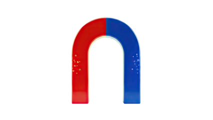 U-shaped magnet with red and blue poles and small particles