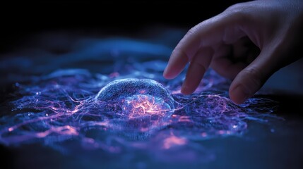 Touch of Technology: A human hand gently interacts with a mesmerizing display of glowing particles, representing the fusion of human touch and technological innovation. 
