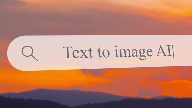 A close-up view of a search bar as someone types in the terms related to text to image AI. The background shows a vibrant sunset over mountains and water.