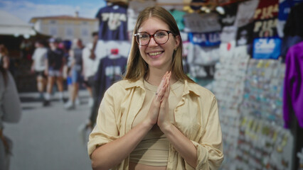 Fototapeta premium Blonde woman with glasses smiles and presses hands together near chest at street market stall under sunlight; gratitude serenity.