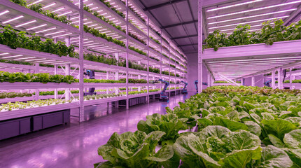 Futuristic indoor vertical farm with green plants and purple LED grow lights