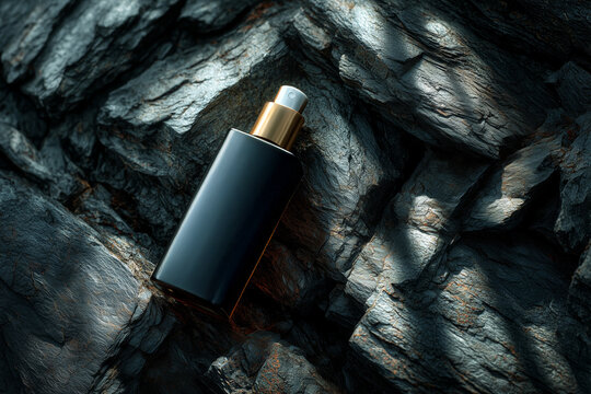 Frasco de perfume negro y dorado sobre rocas oscuras, Perfume elegante con vaporizador dorado en fondo de piedra, Publicidad para colonia masculina de lujo