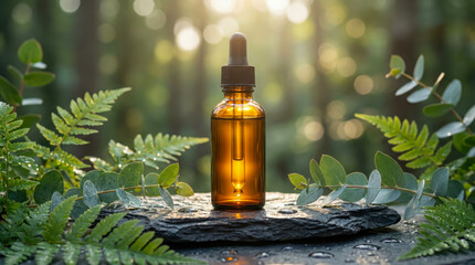 Unbranded amber glass dropper bottle mockup on stone with nature background