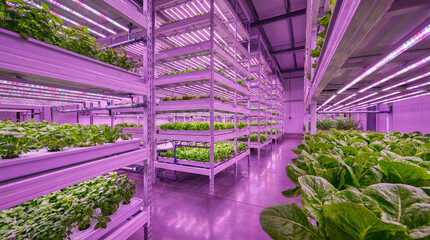Futuristic indoor vertical farm with green plants and purple LED grow lights