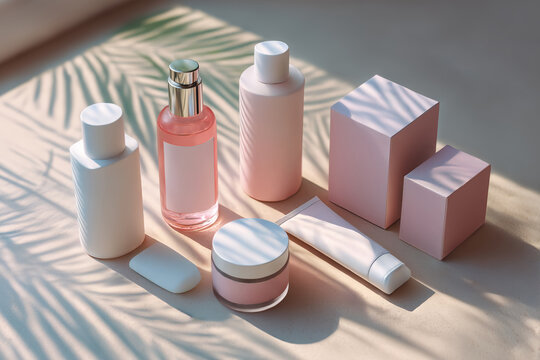 Gama de cosm&eacute;tica minimalista con sombra de palmera, Bodeg&oacute;n de cosm&eacute;tica aesthetic para redes sociales, Mockup para l&iacute;nea de cosm&eacute;tica natural