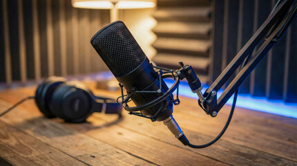 Close-up of generic professional microphone in podcast studio setting