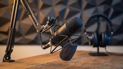 Close-up of generic professional microphone in podcast studio setting