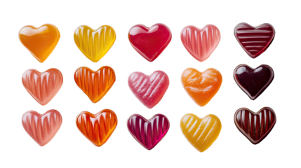 Sweet heart-shaped caramel and hard candy assortment arranged as romantic valentines candy display on transparent background