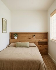 Fototapeta premium Small Scandinavian bedroom with built in wooden headboard storage and window