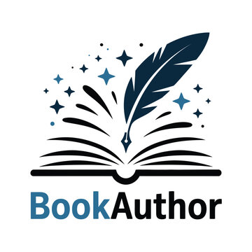 Book author logo with feather and open book and stars icon