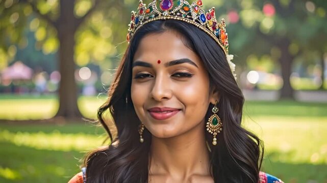 Portrait of a beautiful woman with a crown, smiling in a park setting.