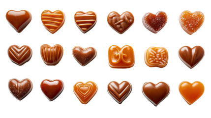 Sweet heart-shaped caramel and hard candy assortment arranged as romantic valentines treats on transparent background