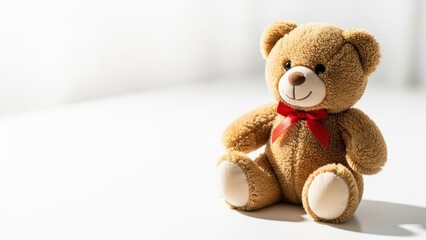 Cute brown teddy bear with a red bow sitting on a white background, symbolizing childhood, comfort, and friendship for greeting card design.