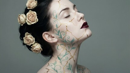 Elegant Woman with Floral Accents and Body Art Portrait Flowers Roses. Concept featuring portrait, woman, flowers, roses, body art.