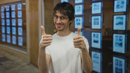 Man wearing glasses gives thumbs up in building showcase with property listings and glass window display; confidence.