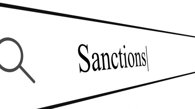 User types sanctions in search bar to find information about various restrictions and prohibitions related to conflict and other issues.