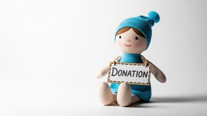 Doll holding a donation sign. Concept of charity, fundraising, and supporting children. Helping those in need.
