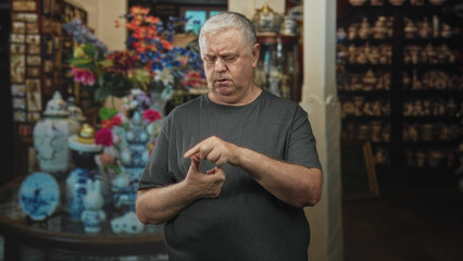 Man in grey t shirt taps index finger on left palm while counting near porcelain vases in an...