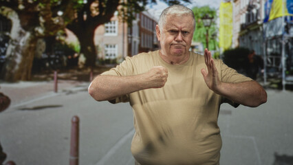 Fototapeta premium Man pressing palms together in a guarded blocking gesture, visible hands and forearms, wearing a beige tshirt on a street with bollards and trees; defiance self defense.