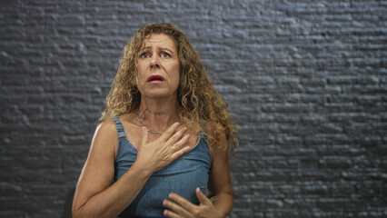 Naklejka premium Woman clutching chest with hand in denim tank top against a studio brick wall backdrop, looking upward with worried expression; anxiety vulnerability.