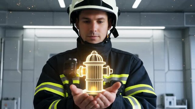 A firefighter in uniform holding a glowing holographic fire hydrant symbolizing technology and safety in firefighting