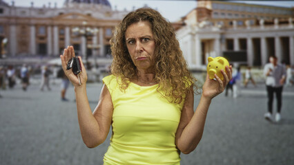 Woman holds car keys in right hand and yellow piggy bank in left hand before a building, furrowed brow expression; financial worry.