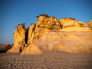 Rock formations in the Ras Al-Jinz turtle sanctuary in Oman in the morning light.