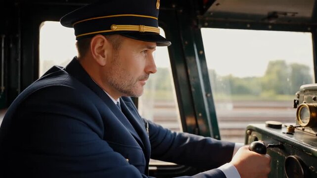 A focused male train conductor operating a vintage train in a cab filled with gauges and levers, with sunlight streaming through the window
