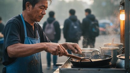 Fototapeta premium Elderly man cooking street food in a busy outdoor market setting 