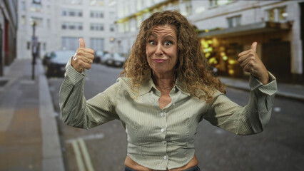 Fototapeta premium Woman showing thumbs up gesture on street, smiling with visible hands and cropped shirt midriff; joy confidence.