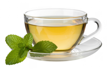 Glass tea cup with mint leaves on saucer drink isolated on a transparent background