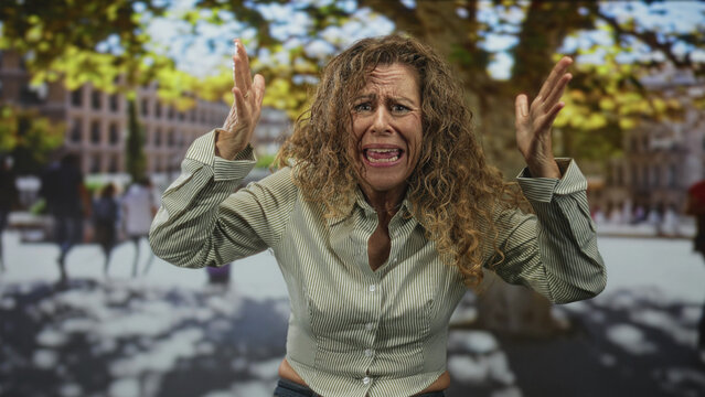 Woman raises both hands in a frustrated open palmed gesture with anguished expression on a city street plaza with trees and blurred pedestrians; frustration.