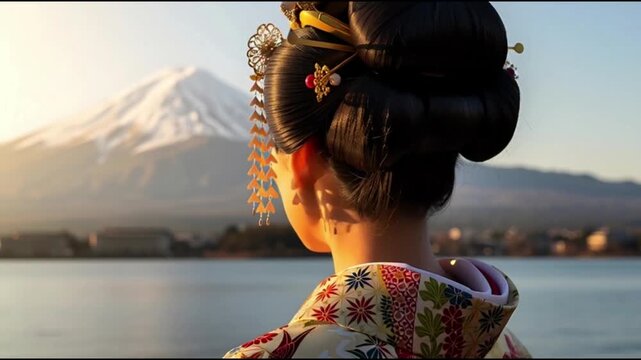 A serene Japanese woman in traditional kimono stands overlooking a majestic snow-capped mountain from a tranquil lakeside at sunrise from behind.