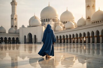 Woman in blue abaya walks through grand mosque courtyard with white domes and reflections, serene Islamic architecture.