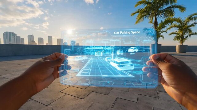 Futuristic hands holding a transparent digital interface displaying urban landscapes with cars and buildings during sunset