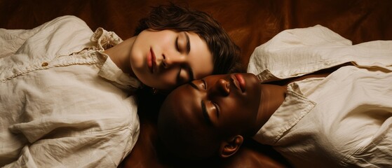 Minimal fashion portrait of queer couple in repose, white cotton clothing and subtle body contact, brown leather background.