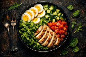 Healthy salad bowl with grilled chicken, boiled eggs, cucumber and tomatoes on dark table, balanced meal and nutrition.