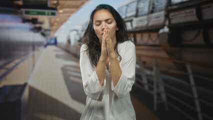 Fototapeta premium Young hispanic woman with hands pressed together praying on a commuter train platform inside a station building; anxiety prayer solitude.