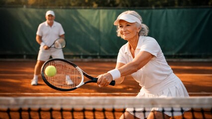 Senior woman playing tennis on clay court, focused backhand near net, active lifestyle and fitness.