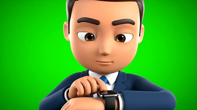 Professional 3D character avatar checking wrist watch for time management and punctuality isolated on green screen.