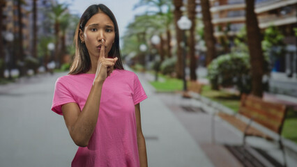 Fototapeta premium Young thai woman brunette with finger to lips shushing, wearing pink shirt, standing by park benches and palm trees on a street promenade; silence.