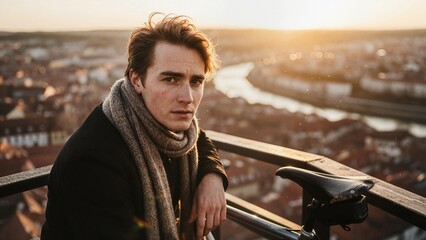 Young man looking serious while sitting on rooftop at sunset  