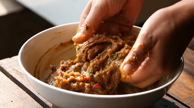 Close-up of hands mixing a rich, thick paste in a bowl with bright red chili pieces, set against a warm wooden backdrop