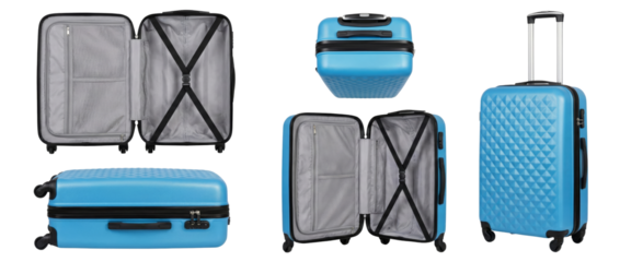 Blue Hardshell Suitcase Set: Open, Closed, and Rolling Views